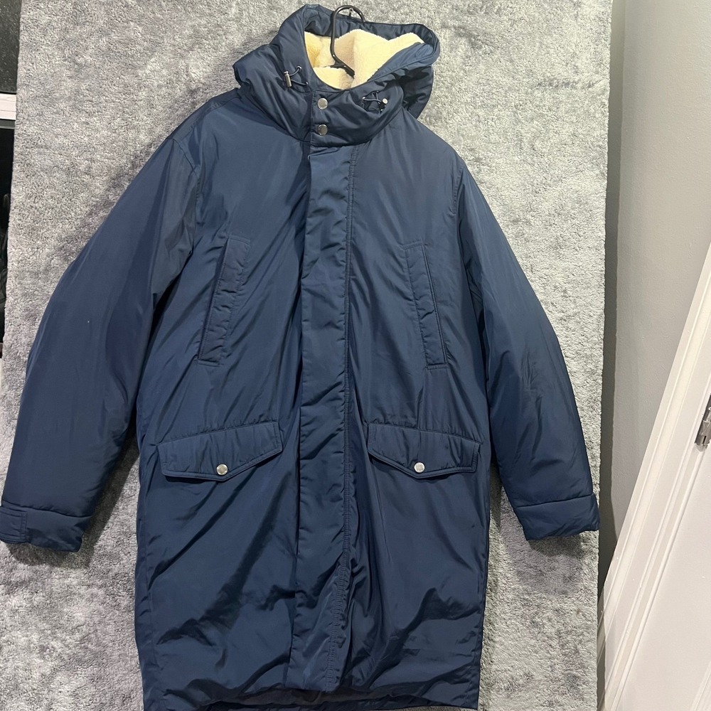 Michael Kors Mens Navy Blue Sherpa Lined Hooded Parka Jacket Coat Size Large